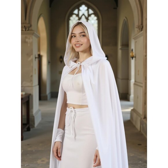 White Witch Velvet Hooded Cloak Halloween Cape Queen King Renaissance Medieval - Picture 3 of 6